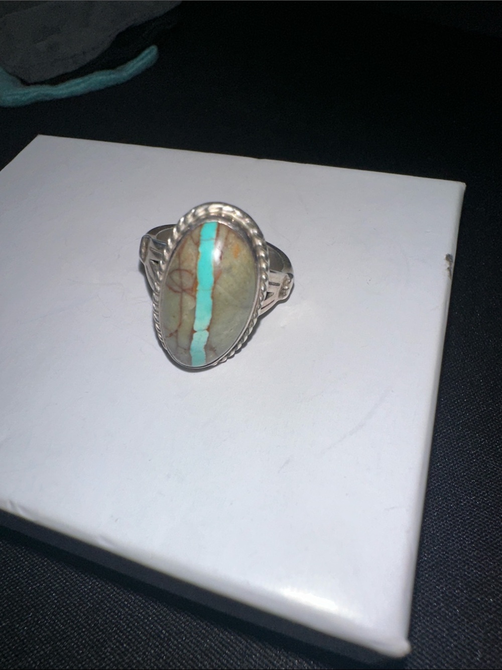 Sterling Silver Turquoise Inlay Oval Ring - Blue Green Stone